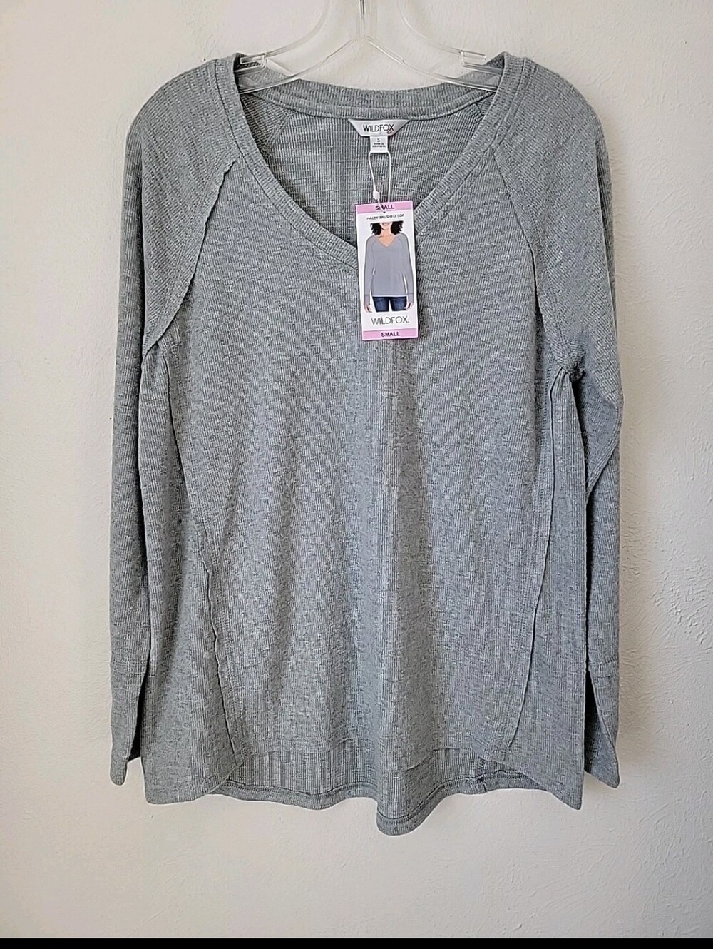 Wildfox Light Gray Ribbed V-Neck Long Sleeve Henley Top
